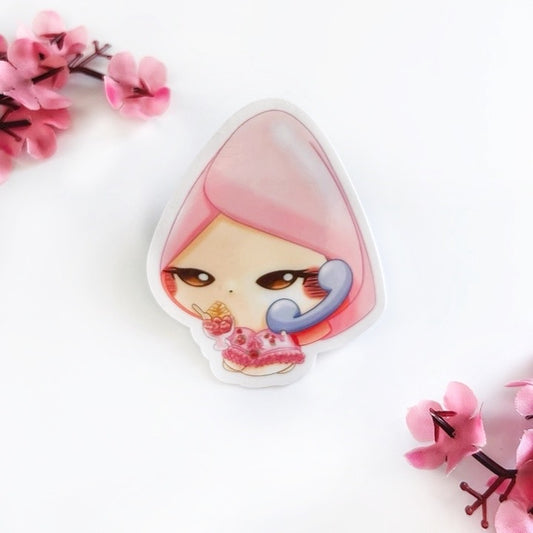 A bunny with a pink, strawberry hat wearing a light pink towel, pink swimsuits with roses and ruffles, and is holding a grey telephone and eating strawberries arnaud on a white background with pink flowers.
