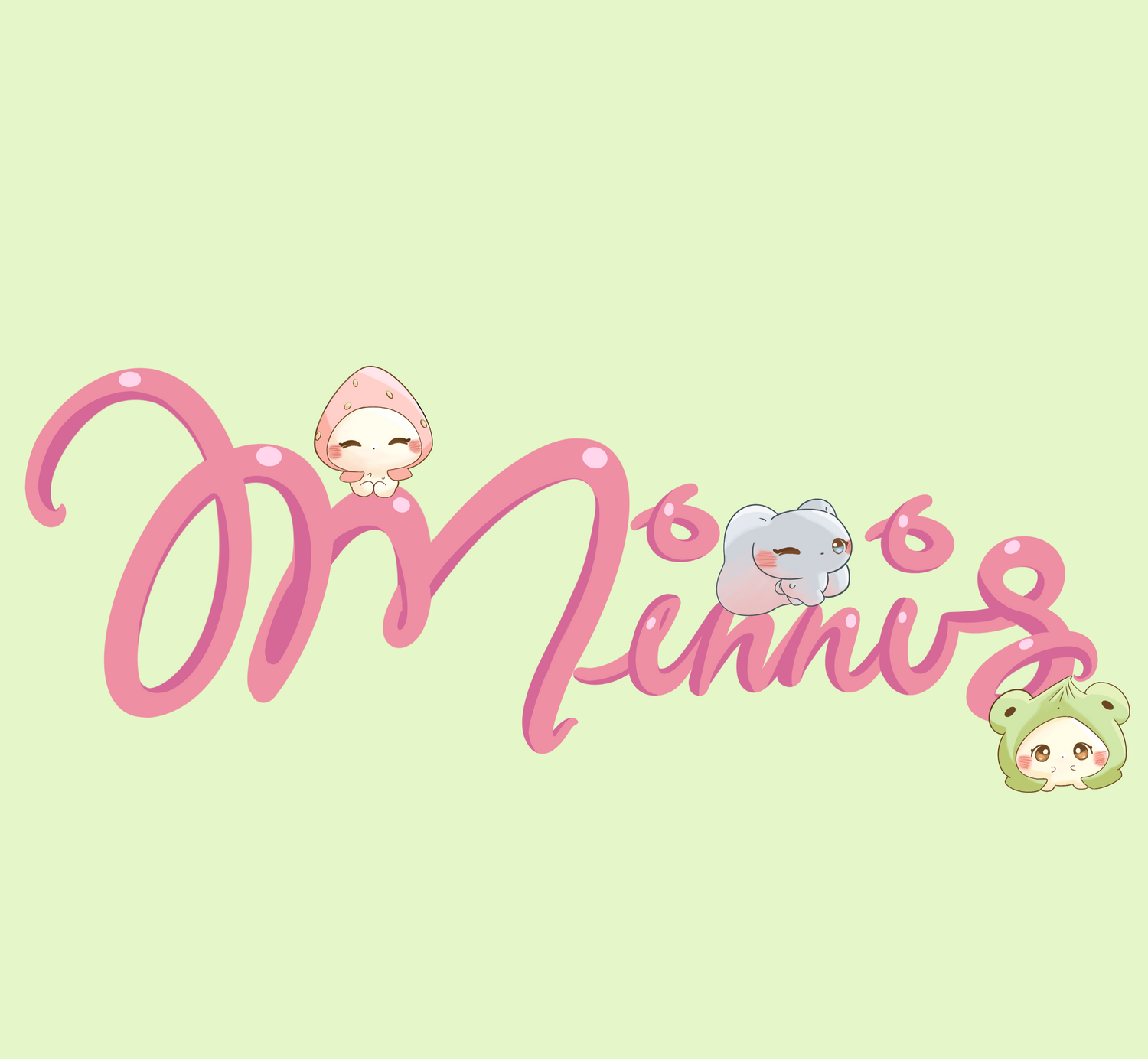 Pink text with cartoon characters on a light green background